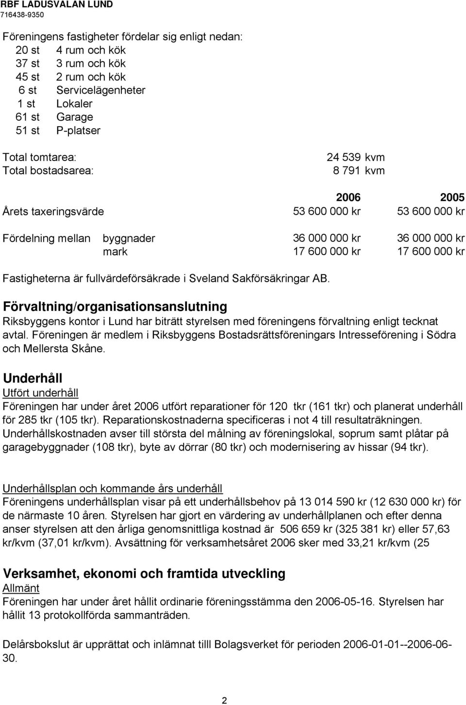 fullvärdeförsäkrade i Sveland Sakförsäkringar AB. Förvaltning/organisationsanslutning Riksbyggens kontor i Lund har biträtt styrelsen med föreningens förvaltning enligt tecknat avtal.