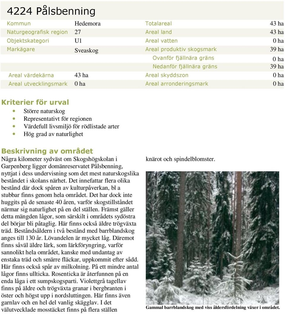 regionen Värdefull livsmiljö för rödlistade arter Hög grad av naturlighet Beskrivning av området Några kilometer sydväst om Skogshögskolan i Garpenberg ligger domänreservatet Pålsbenning, nyttjat i