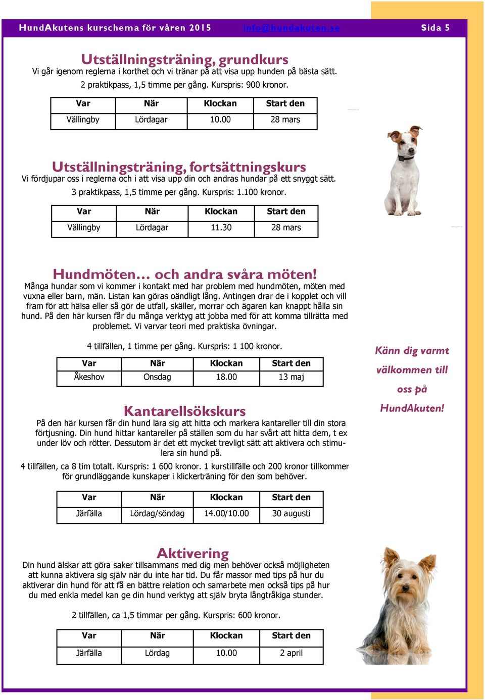 3 praktikpass, 1,5 timme per gång. Kurspris: 1.100 kronor. Vällingby Lördagar 11.30 28 mars Hundmöten och andra svåra möten!