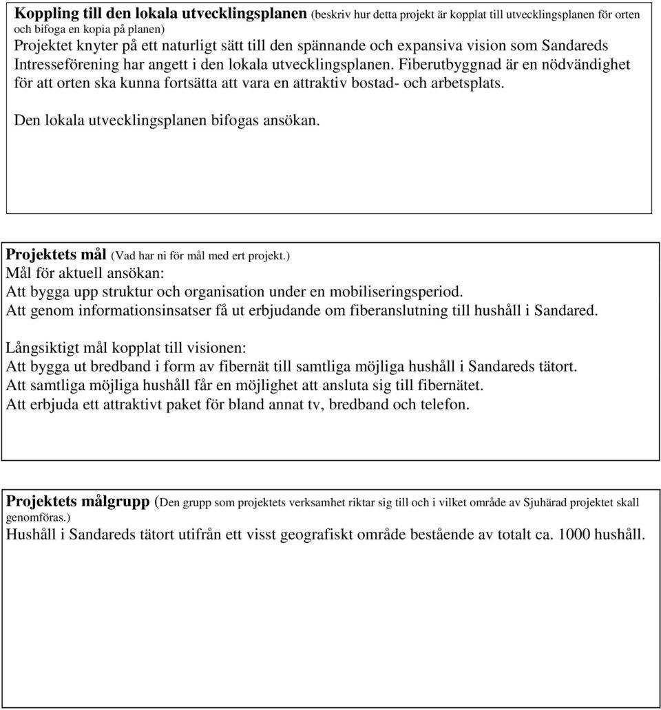 Fiberutbyggnad är en nödvändighet för att orten ska kunna fortsätta att vara en attraktiv bostad- och arbetsplats. Den lokala utvecklingsplanen bifogas ansökan.