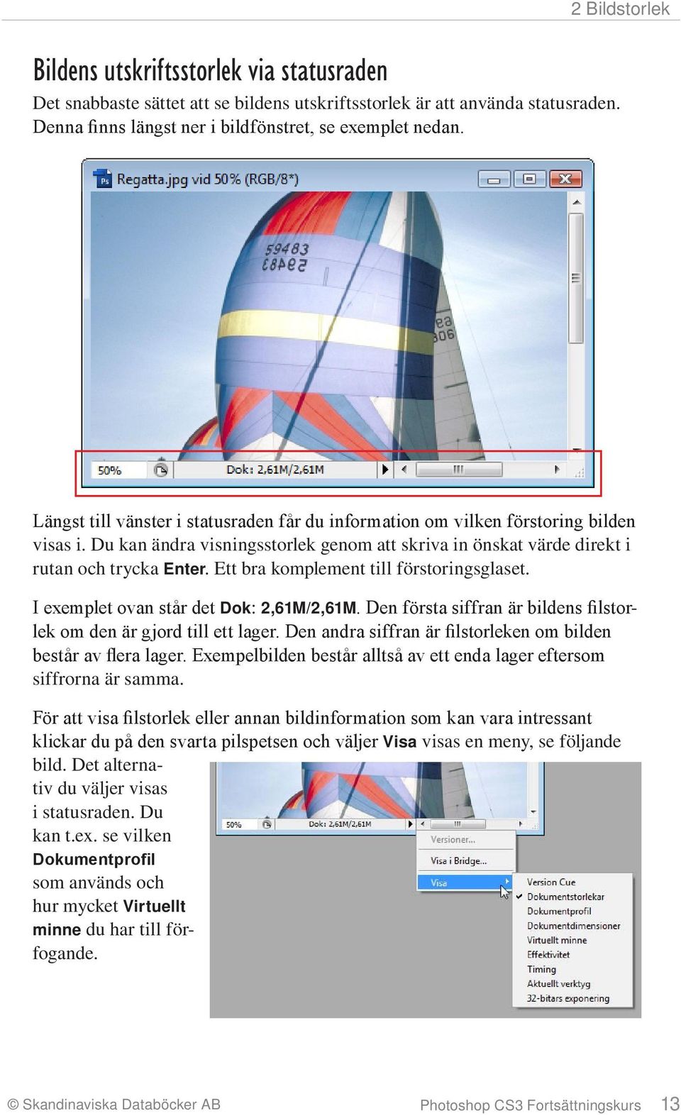 Ett bra komplement till förstoringsglaset. I exemplet ovan står det Dok: 2,61M/2,61M. Den första siffran är bildens filstorlek om den är gjord till ett lager.