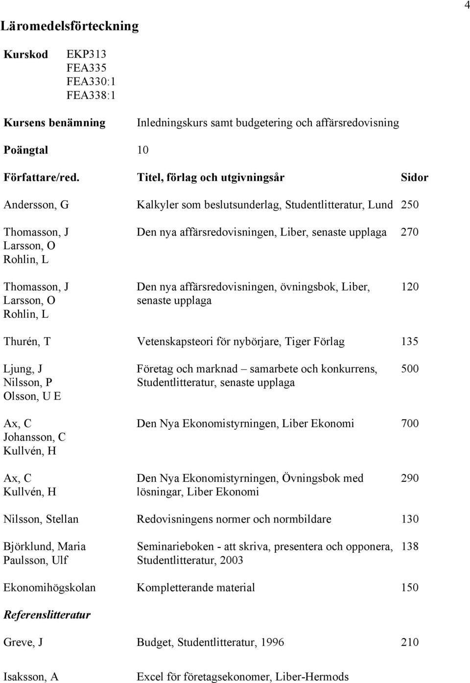 Larsson, O Rohlin, L Den nya affärsredovisningen, övningsbok, Liber, senaste upplaga 120 Thurén, T Vetenskapsteori för nybörjare, Tiger Förlag 135 Ljung, J Nilsson, P Olsson, U E Företag och marknad