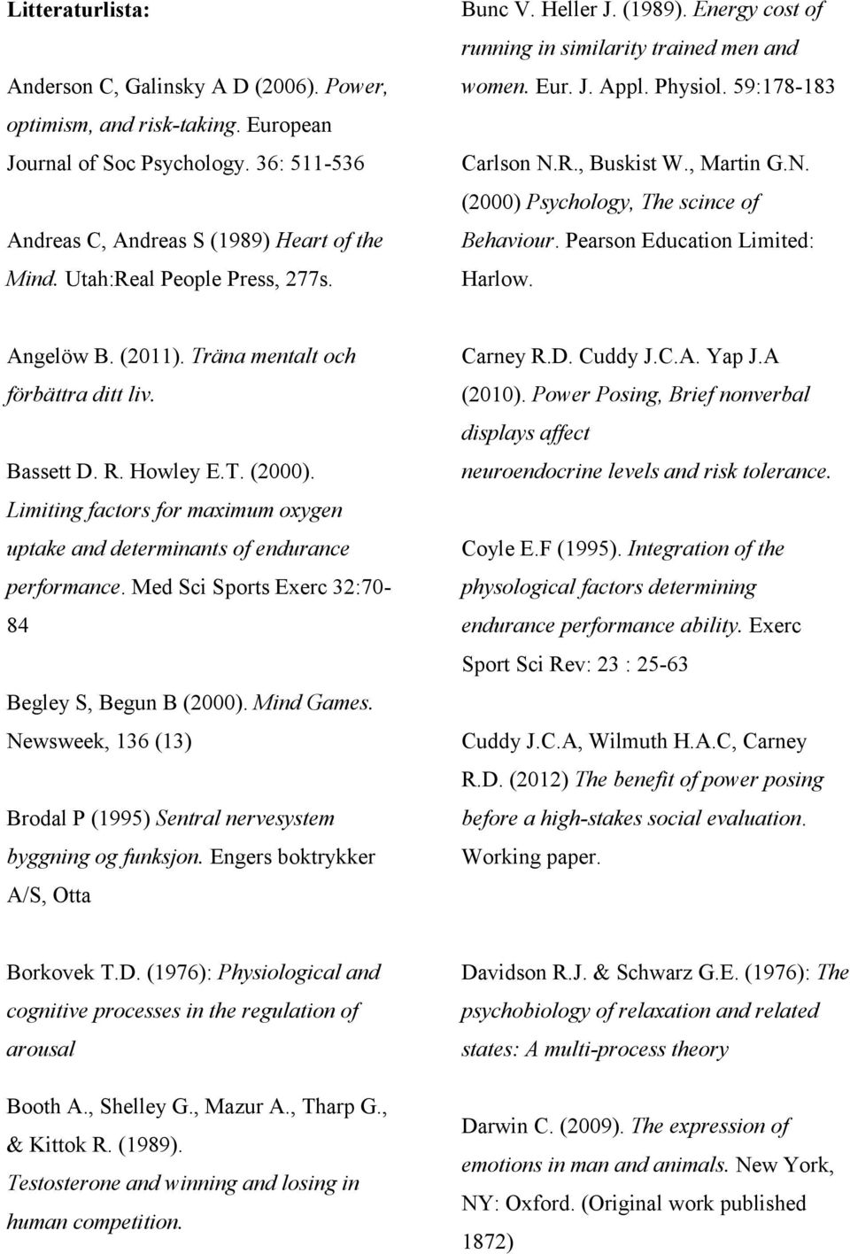 R., Buskist W., Martin G.N. (2000) Psychology, The scince of Behaviour. Pearson Education Limited: Harlow. Angelöw B. (2011). Träna mentalt och förbättra ditt liv. Bassett D. R. Howley E.T. (2000). Limiting factors for maximum oxygen uptake and determinants of endurance performance.