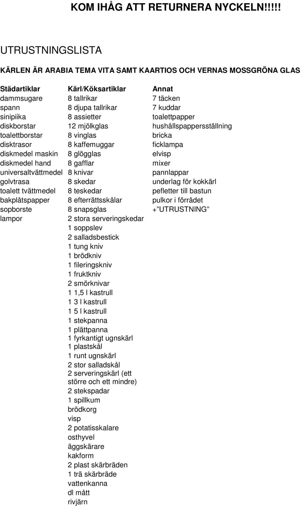 sinipiika 8 assietter toalettpapper diskborstar 12 mjölkglas hushållspappersställning toalettborstar 8 vinglas bricka disktrasor 8 kaffemuggar ficklampa diskmedel maskin 8 glögglas elvisp diskmedel