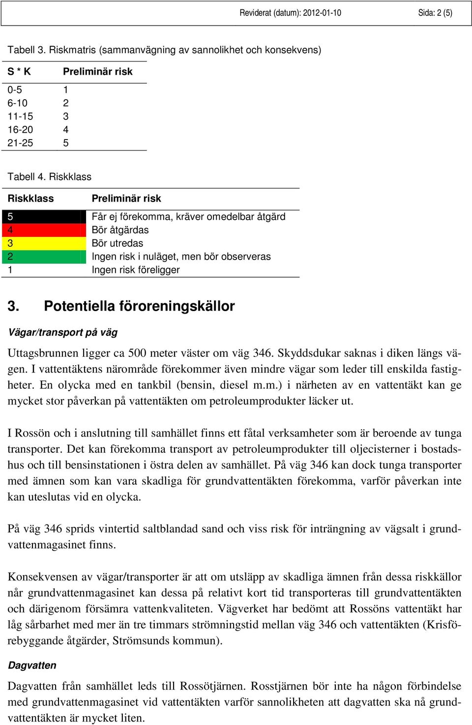 Potentiella föroreningskällor Vägar/transport på väg Uttagsbrunnen ligger ca 500 meter väster om väg 346. Skyddsdukar saknas i diken längs vägen.