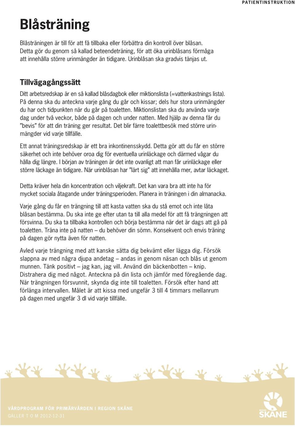 Tillvägagångssätt Ditt arbetsredskap är en så kallad blåsdagbok eller miktionslista (=vattenkastnings lista).