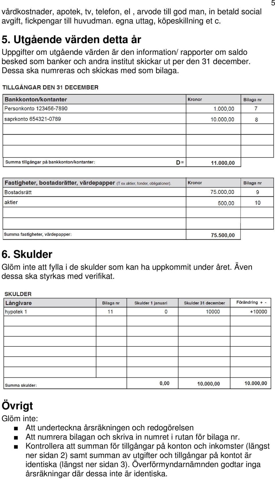 Dessa ska numreras och skickas med som bilaga. 6. Skulder Glöm inte att fylla i de skulder som kan ha uppkommit under året. Även dessa ska styrkas med verifikat.