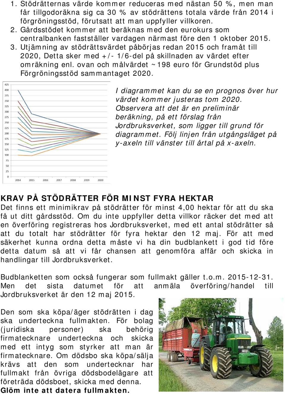 Utjämning av stödrättsvärdet påbörjas redan 2015 och framåt till 2020, Detta sker med +/- 1/6-del på skillnaden av värdet efter omräkning enl.