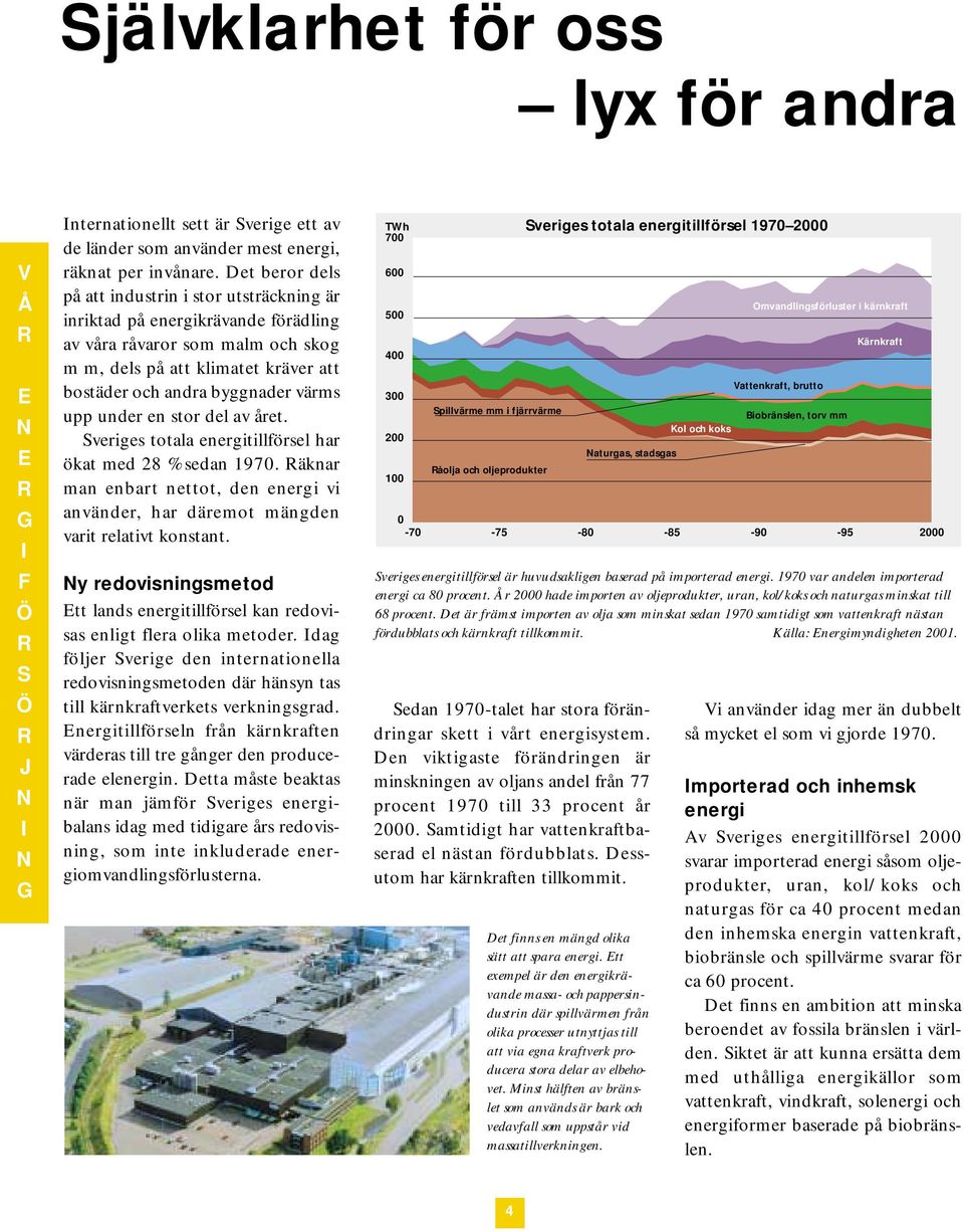 upp under en stor del av året. Sveriges totala energitillförsel har ökat med 28 % sedan 1970. äknar man enbart nettot, den energi vi använder, har däremot mängden varit relativt konstant.