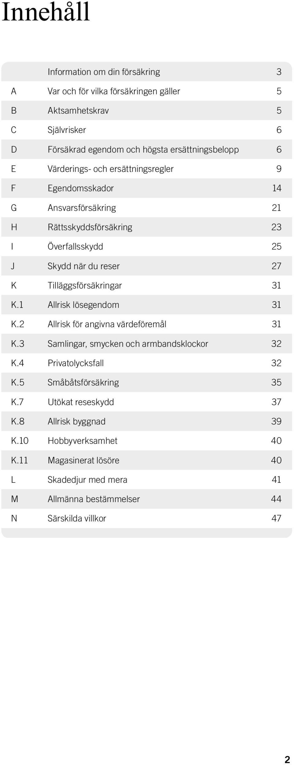 Tilläggsförsäkringar 31 K.1 Allrisk lösegendom 31 K.2 Allrisk för angivna värdeföremål 31 K.3 Samlingar, smycken och armbandsklockor 32 K.4 Privatolycksfall 32 K.