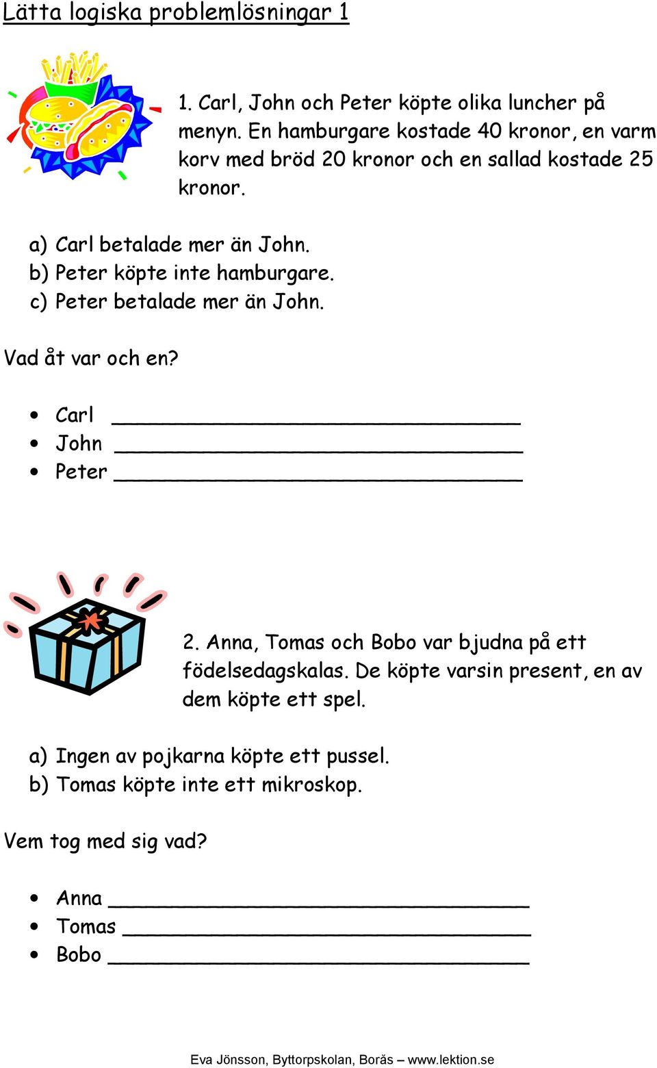 b) Peter köpte inte hamburgare. c) Peter betalade mer än John. Vad åt var och en? Carl John Peter 2.