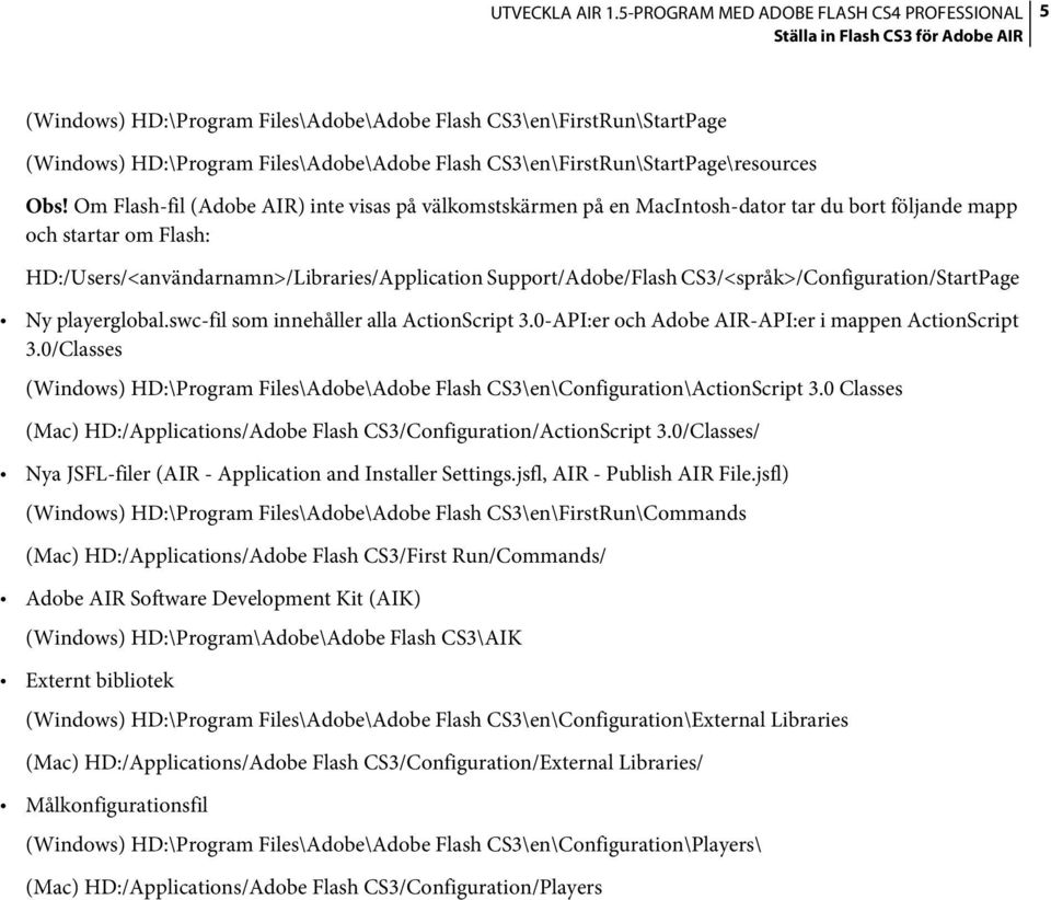 CS3/<språk>/Configuration/StartPage Ny playerglobal.swc-fil som innehåller alla ActionScript 3.0-API:er och Adobe AIR-API:er i mappen ActionScript 3.