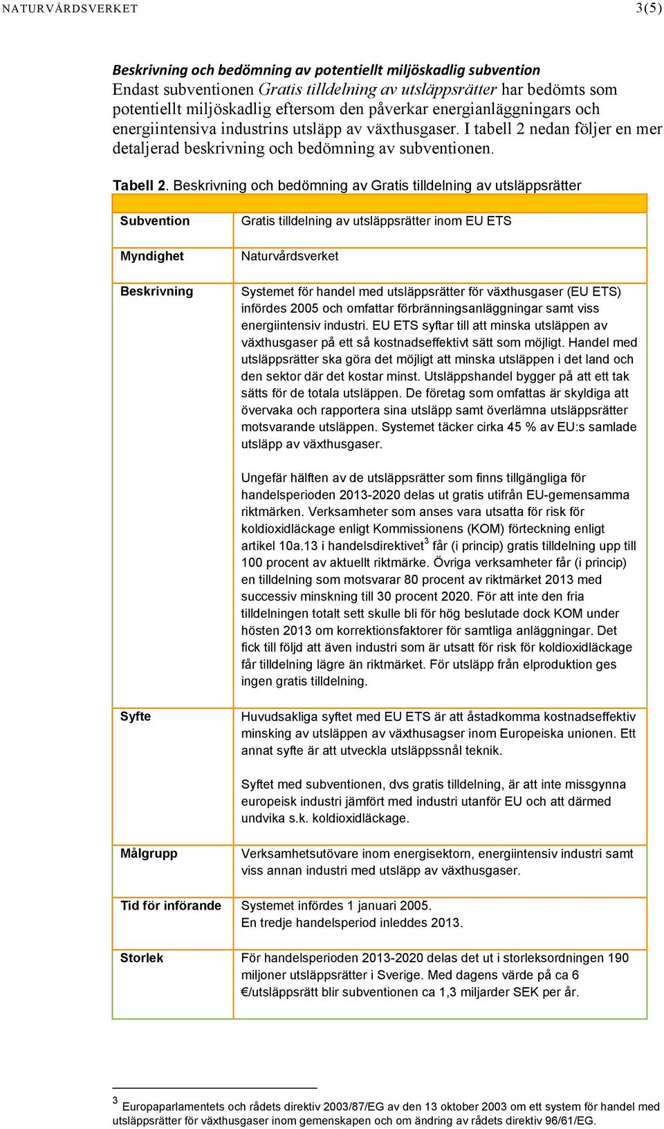 Beskrivning och bedömning av Gratis tilldelning av utsläppsrätter Subvention Myndighet Beskrivning Gratis tilldelning av utsläppsrätter inom EU ETS Naturvårdsverket Systemet för handel med