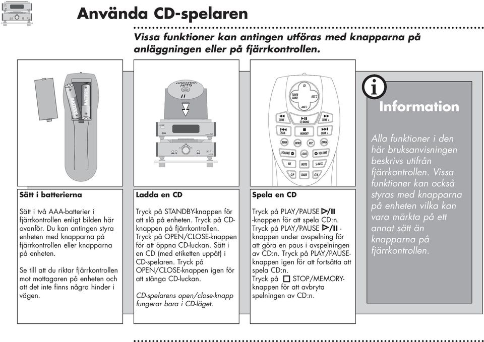 Ladda en CD Tryck på STANDBY-knappen för att slå på enheten. Tryck på CDknappen på fjärrkontrollen. Tryck på OPEN/CLOSE-knappen för att öppna CD-luckan. Sätt en CD (med etketten uppåt) CD-spelaren.