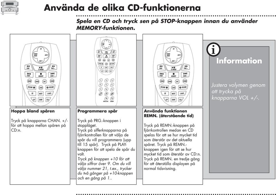 Tryck på sfferknapparna på fjärrkontrollen för att välja de spår du vll programmera (upp tll 15 spår). Tryck på PLAYknappen för att spela de spår du valt.