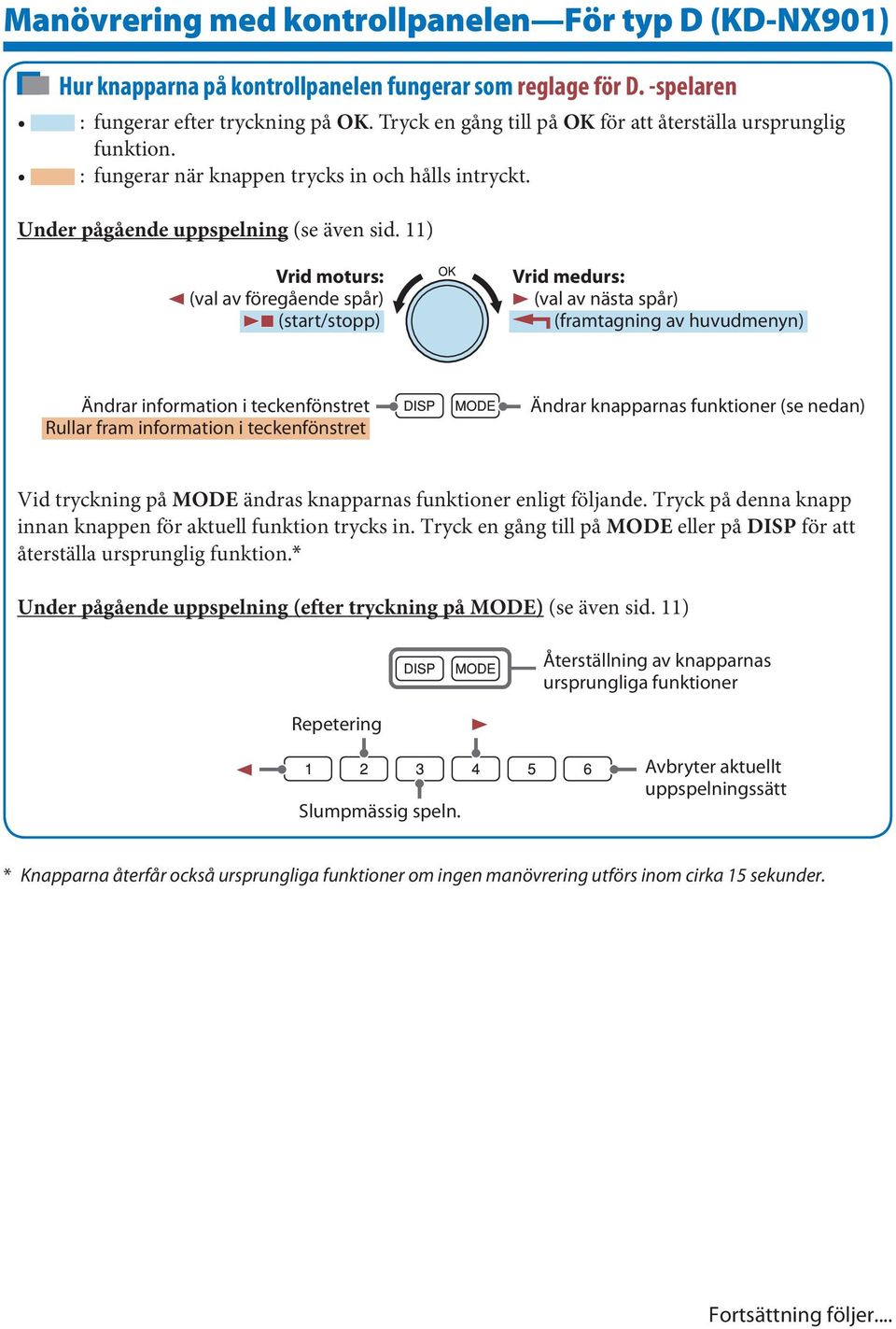 11) Vrid moturs: (val av föregående spår) 7 (start/stopp) Vrid medurs: (val av nästa spår) (framtagning av huvudmenyn) Ändrar information i teckenfönstret Rullar fram information i teckenfönstret