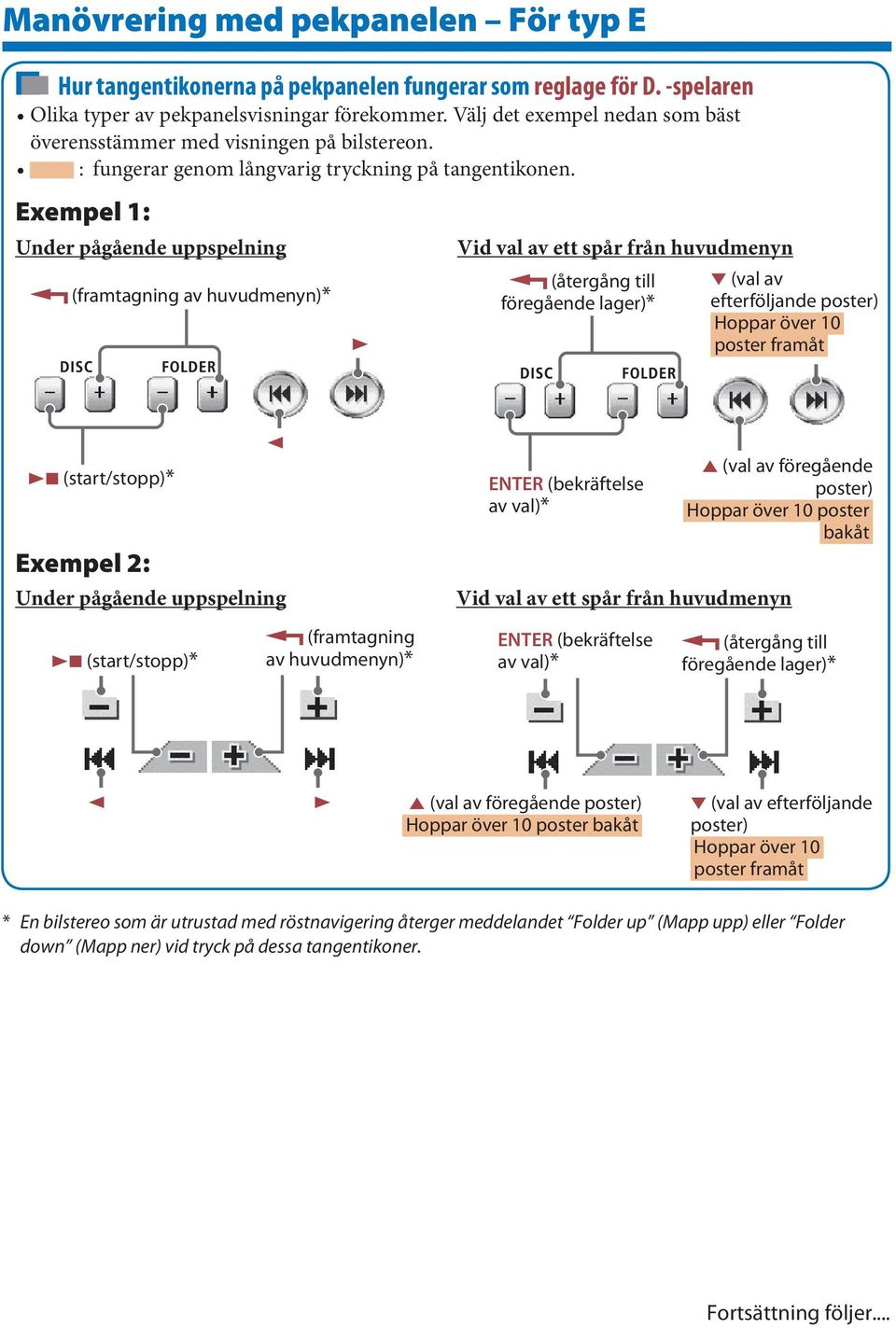 Exempel 1: (framtagning av huvudmenyn)* (återgång till föregående lager)* (val av efterföljande poster) Hoppar över 10 poster framåt 7 (start/stopp)* Exempel : ENTER (bekräftelse av val)* 5 (val av