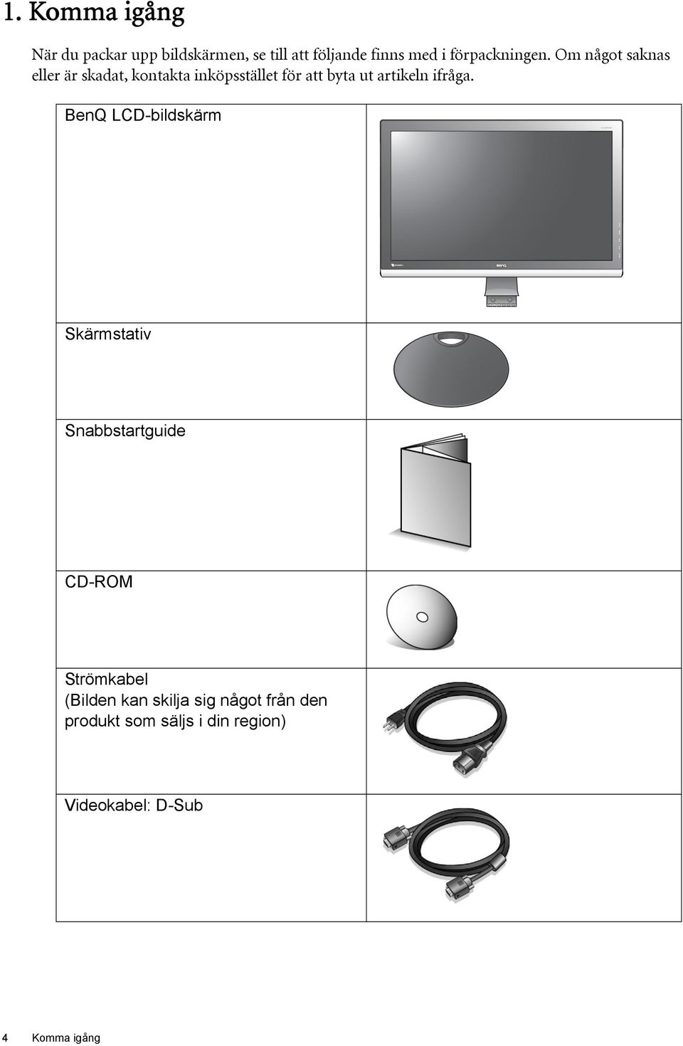 Om något saknas eller är skadat, kontakta inköpsstället för att byta ut artikeln ifråga.