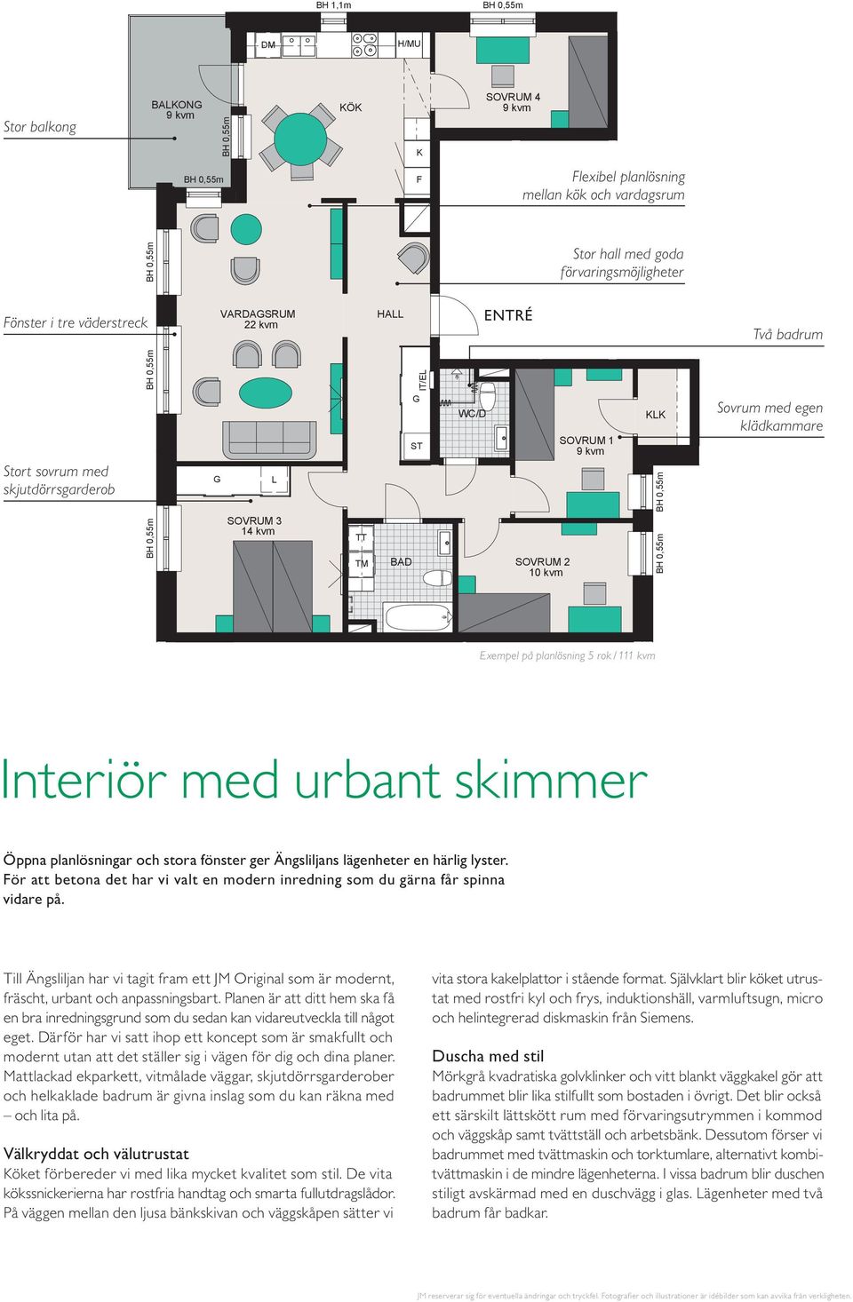 BH 0,55m BH 0,55m Sovrum med egen klädkammare Exempel på planlösning 5 rok / 111 kvm Interiör med urbant skimmer 0 1 2 3 4 5m skala 1:100 PELARGATAN 26 PELARGATAN 24 22 Öppna planlösningar och stora