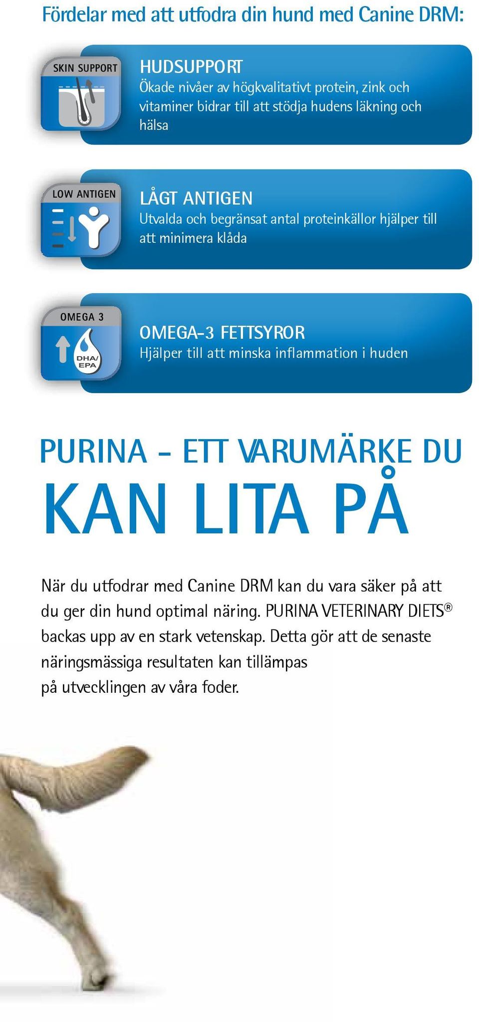 OMEGA 3 DHA/ EPA DHA/ EPA Omega-3 fettsyror Hjälper till att minska inflammation i huden Purina - ett varumärke du kan lita på När du utfodrar med Canine DRM kan du vara säker på