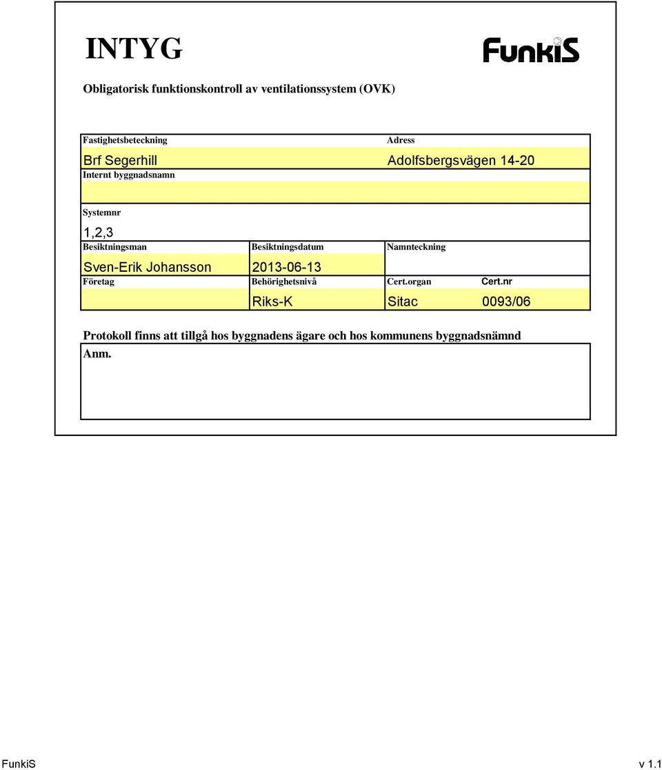 Johansson Företag Besiktningsdatum Namnteckning 0-06- Behörighetsnivå Cert.organ Cert.