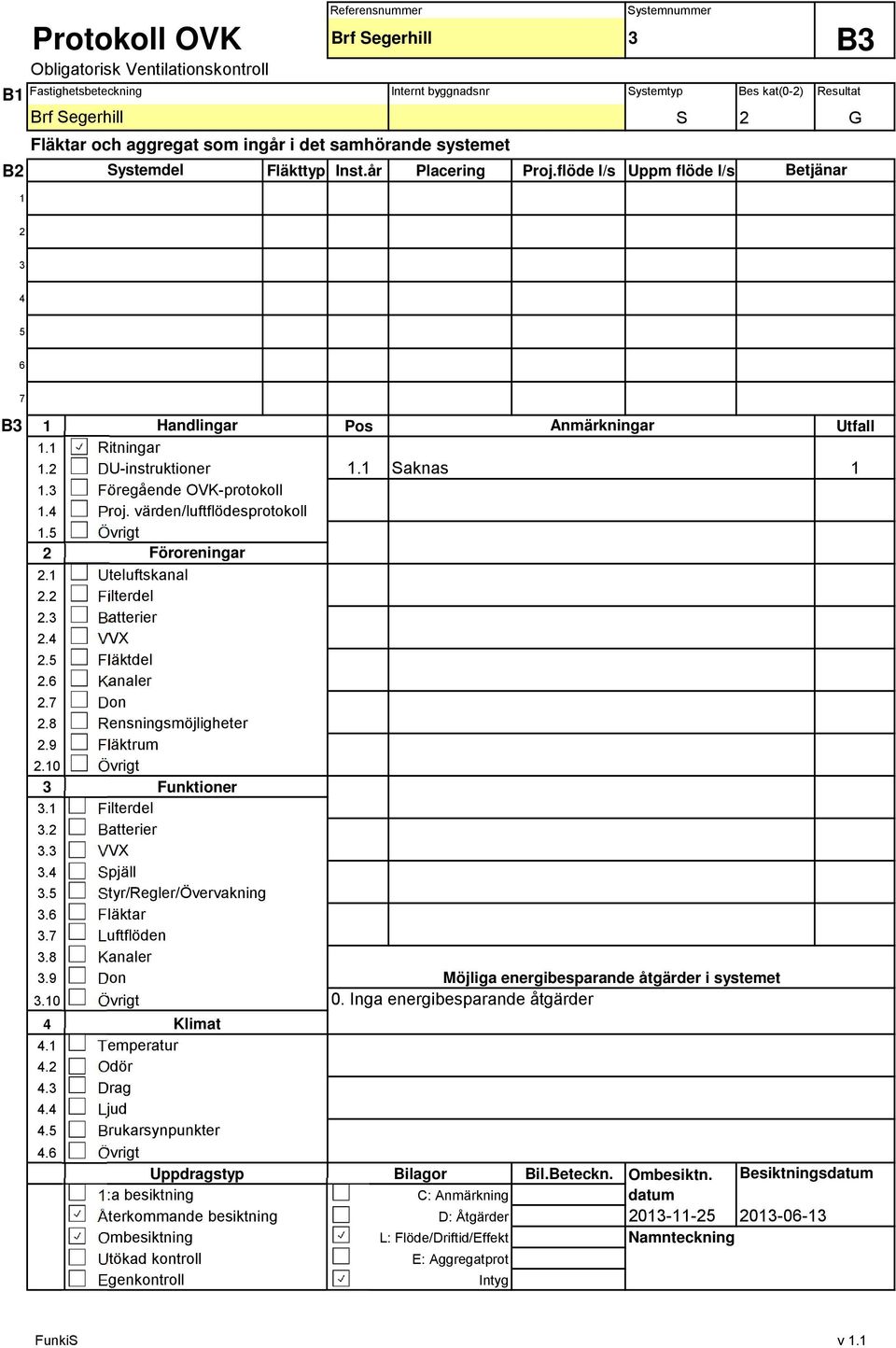 B Handlingar Pos Anmärkningar Utfall. Ritningar....5.....5.6..8.9 DU-instruktioner Föregående OVK-protokoll Proj.