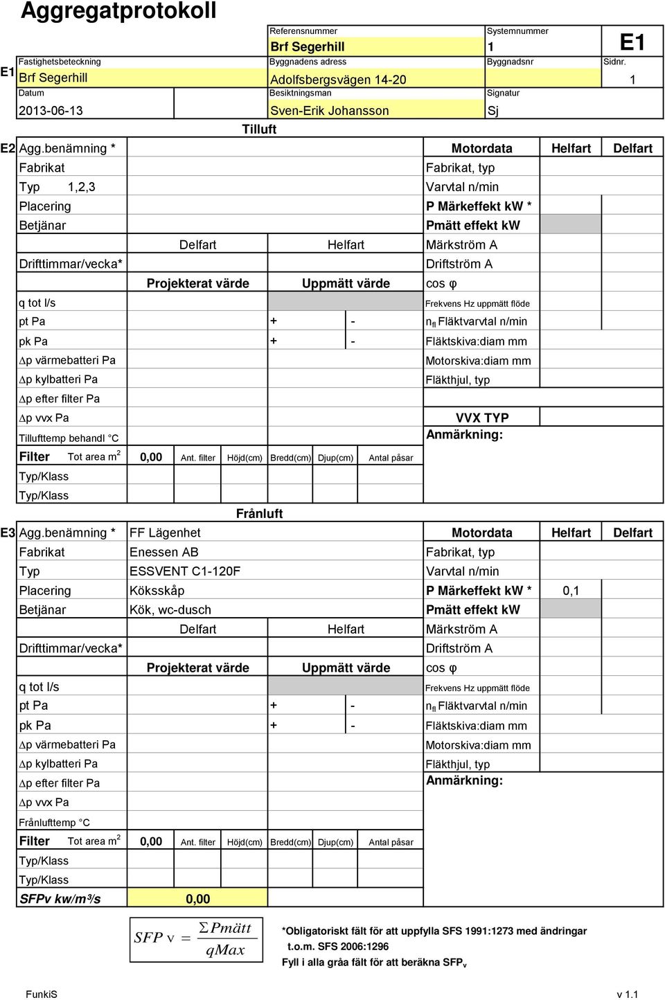 Projekterat värde Uppmätt värde cos φ q tot l/s Frekvens Hz uppmätt flöde pt Pa + - n fl Fläktvarvtal n/min pk Pa + - Fläktskiva:diam mm p värmebatteri Pa Motorskiva:diam mm p kylbatteri Pa