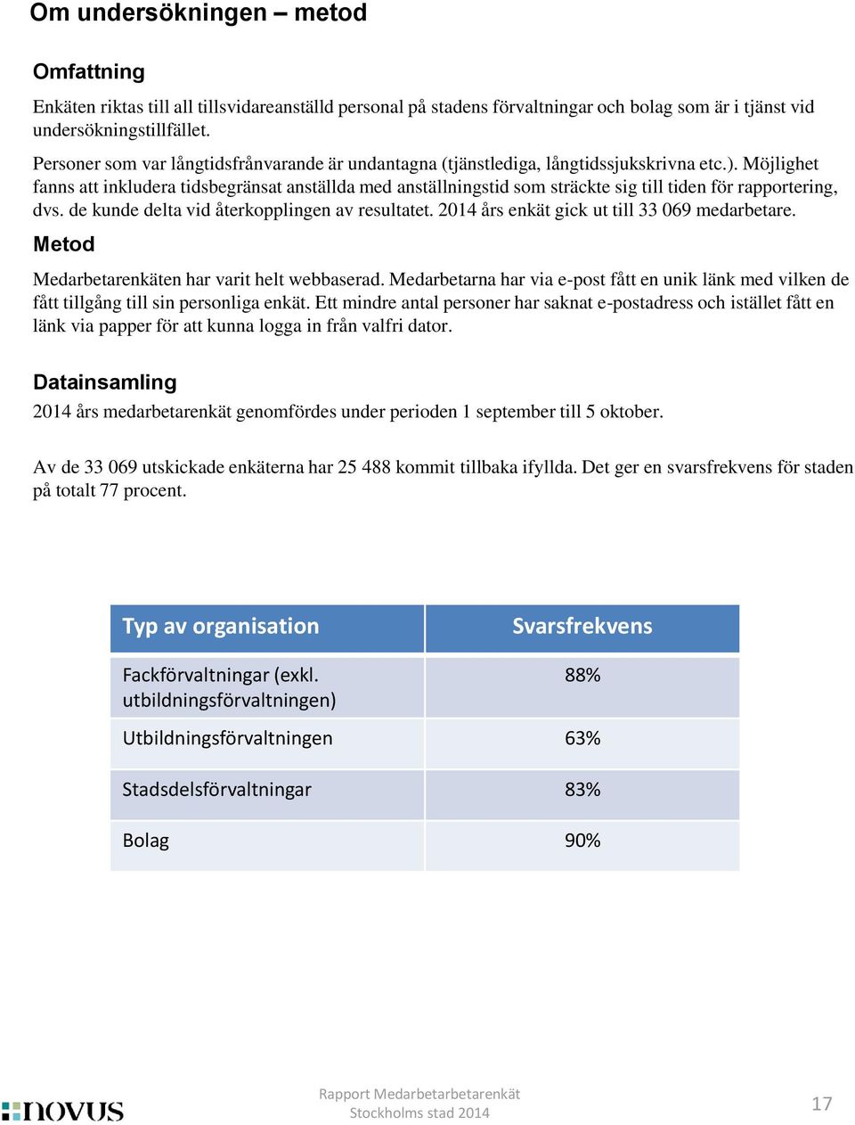 Möjlighet fanns att inkludera tidsbegränsat anställda med anställningstid som sträckte sig till tiden för rapportering, dvs. de kunde delta vid återkopplingen av resultatet.