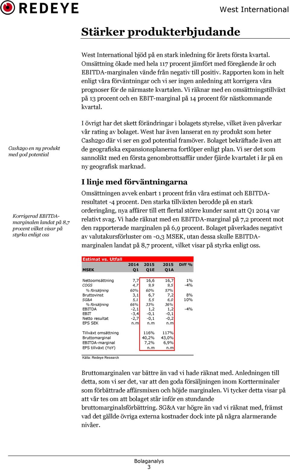 Rapporten kom in helt enligt våra förväntningar och vi ser ingen anledning att korrigera våra prognoser för de närmaste kvartalen.