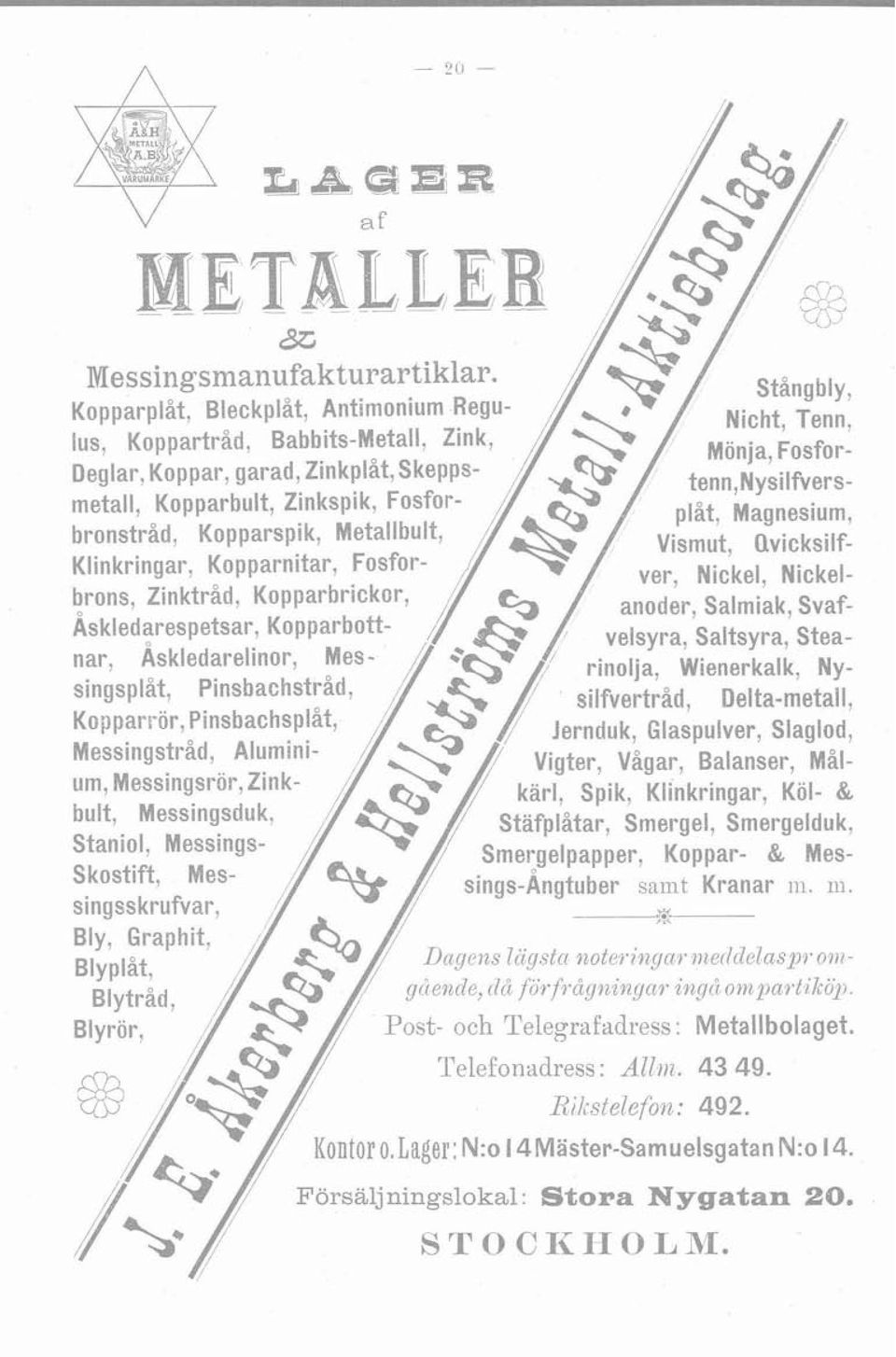 Kopparnitar, Fosforver, Nickel, Nickelbrons, Zinktråd, Kopparbrickor, anoder, Salmiak, Svaf- Äsk~edares~etsar, Kopparbott- velsyra, Saltsyra, Steanar, Äskledarelinor, Mesrinolja, Wienerkalk,