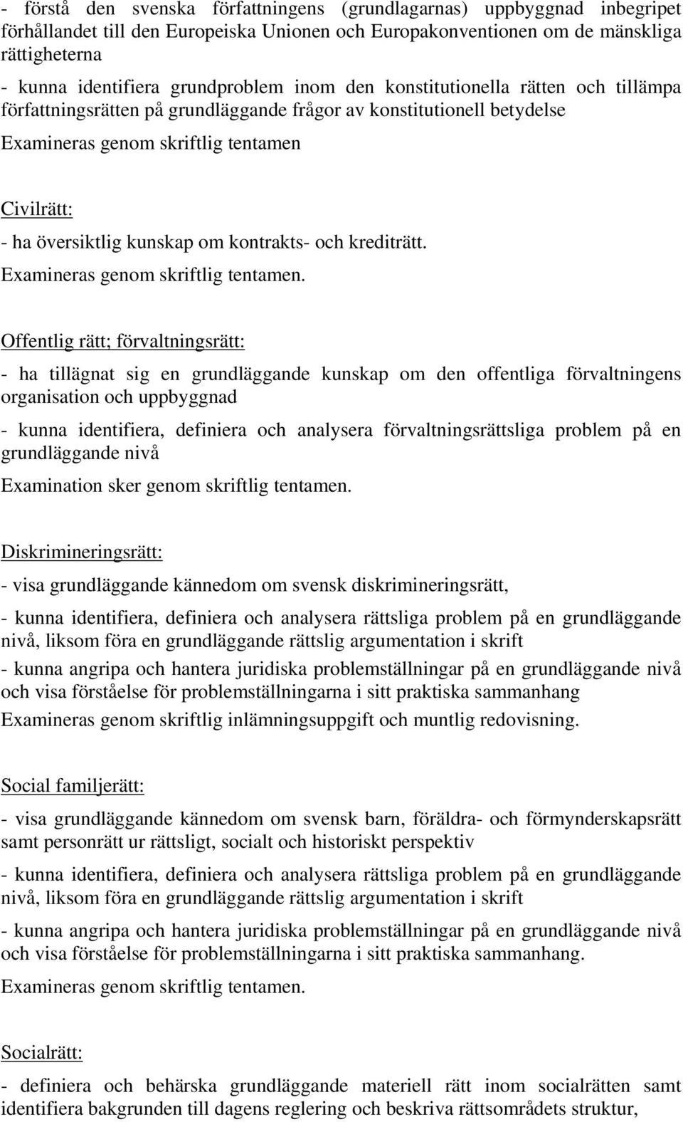 kunskap om kontrakts- och krediträtt. Examineras genom skriftlig tentamen.