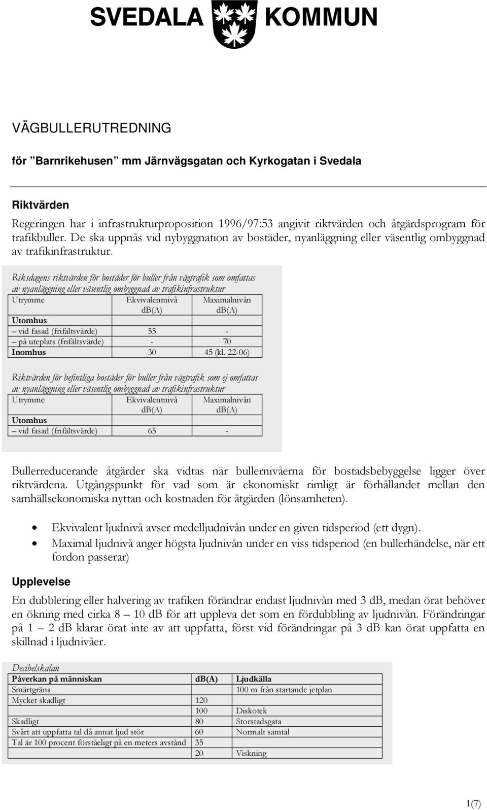 Riksdagens riktvärden för bostäder för buller från vägtrafik som omfattas av nyanläggning eller väsentlig ombyggnad av trafikinfrastruktur Utrymme Ekvivalentnivå Maximalnivån Utomhus vid fasad