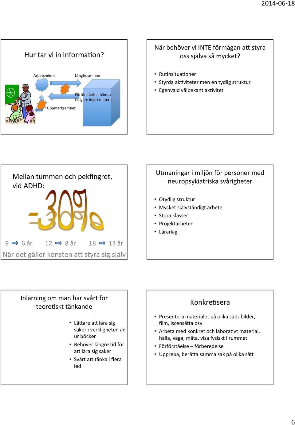 vid ADHD: Utmaningar i miljön för personer med neuropsykiatriska svårigheter Otydlig struktur Mycket självständigt arbete Stora klasser Projektarbeten Lärarlag 9 6 år 12 8 år 18 13 år När det gäller