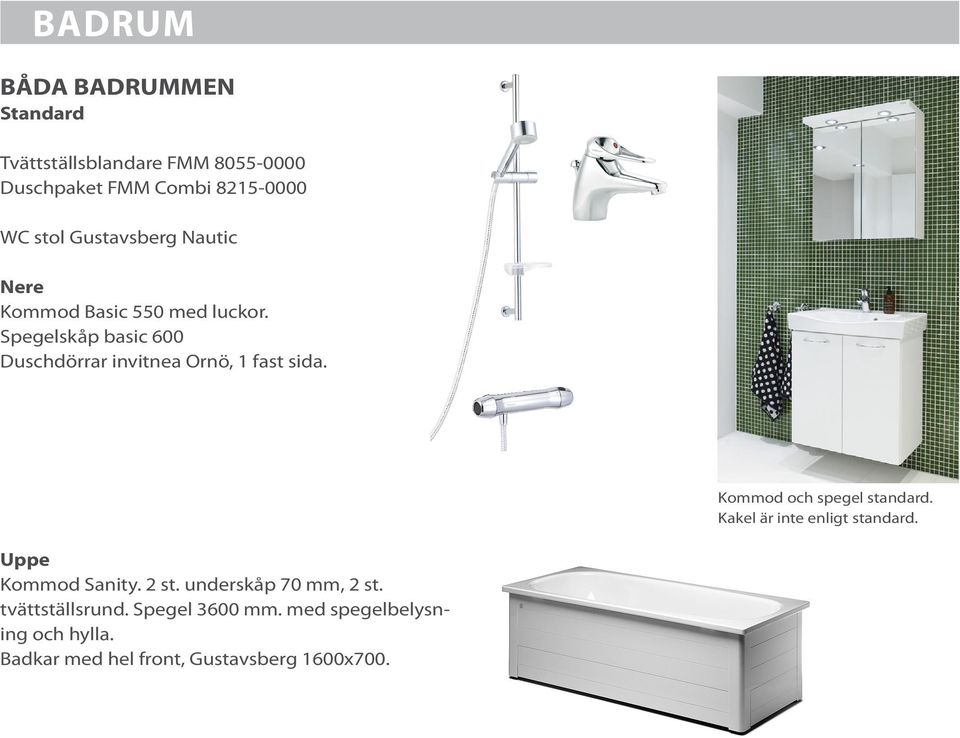 Kommod och spegel standard. Kakel är inte enligt standard. Uppe Kommod Sanity. 2 st.
