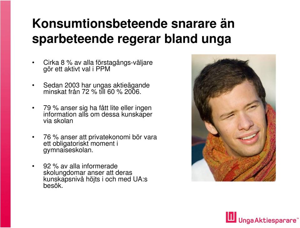 79 % anser sig ha fått lite eller ingen information alls om dessa kunskaper via skolan 76 % anser att