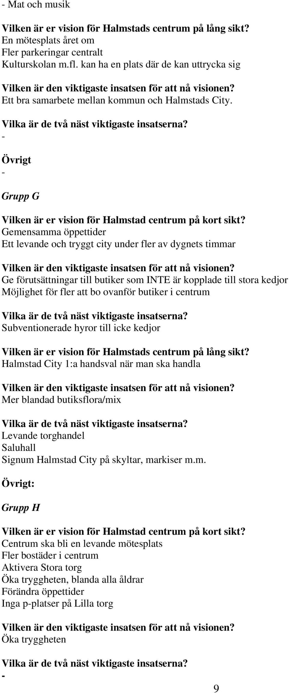 ovanför butiker i centrum Subventionerade hyror till icke kedjor Halmstad City 1:a handsval när man ska handla Mer blandad butiksflora/mix Levande torghandel Saluhall Signum Halmstad City på