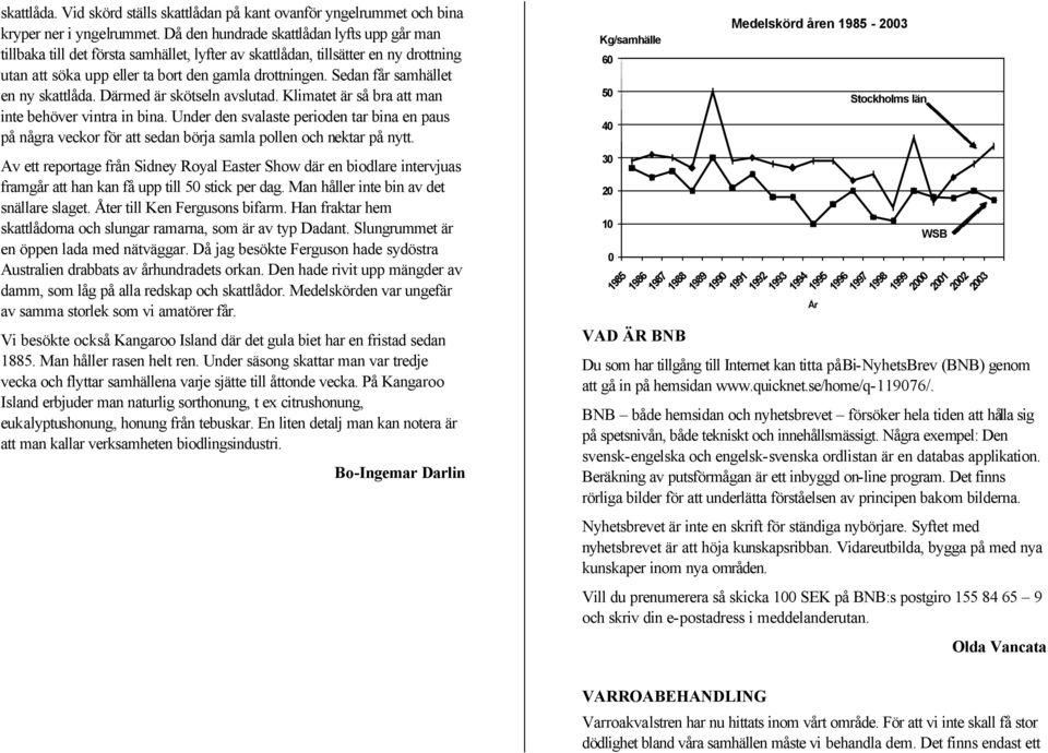 Sedan får samhället en ny skattlåda. Därmed är skötseln avslutad. Klimatet är så bra att man inte behöver vintra in bina.