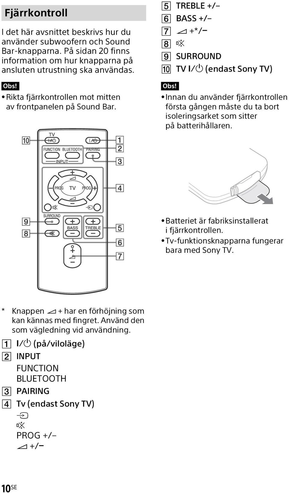 TREBLE +/ BASS +/ +*/ SURROUND TV (endast Sony TV) Obs! Innan du använder fjärrkontrollen första gången måste du ta bort isoleringsarket som sitter på batterihållaren.