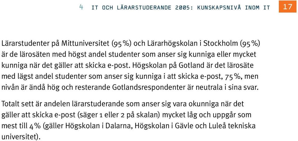 Högskolan på Gotland är det lärosäte med lägst andel studenter som anser sig kunniga i att skicka e-post, 75%, men nivån är ändå hög och resterande Gotlandsrespondenter är