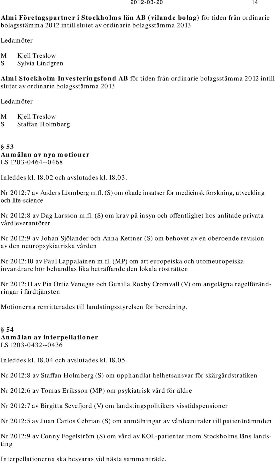 motioner LS 1203-0464--0468 Inleddes kl. 18.02 och avslutades kl. 18.03. Nr 2012:7 av Anders Lönnberg m.fl.