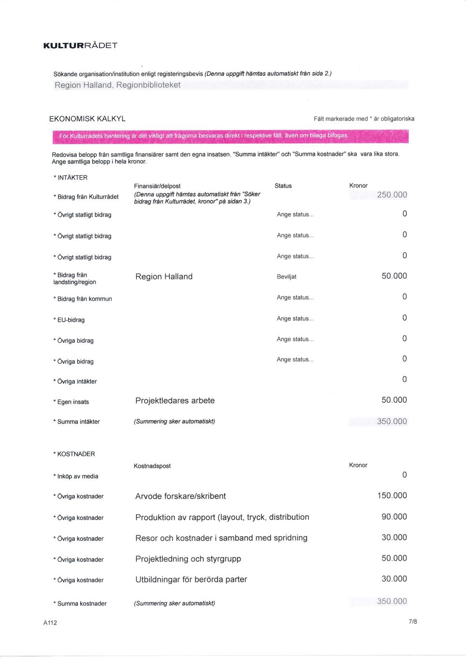 - INTÄKTER * Bidrag från Kultunådet Finansiär/delpost (Denna uppgift hämtas automatisl<t lrån "Söker bidrag från Kulturådet, kronof'pä sidan 3.) Status Kronor 25.