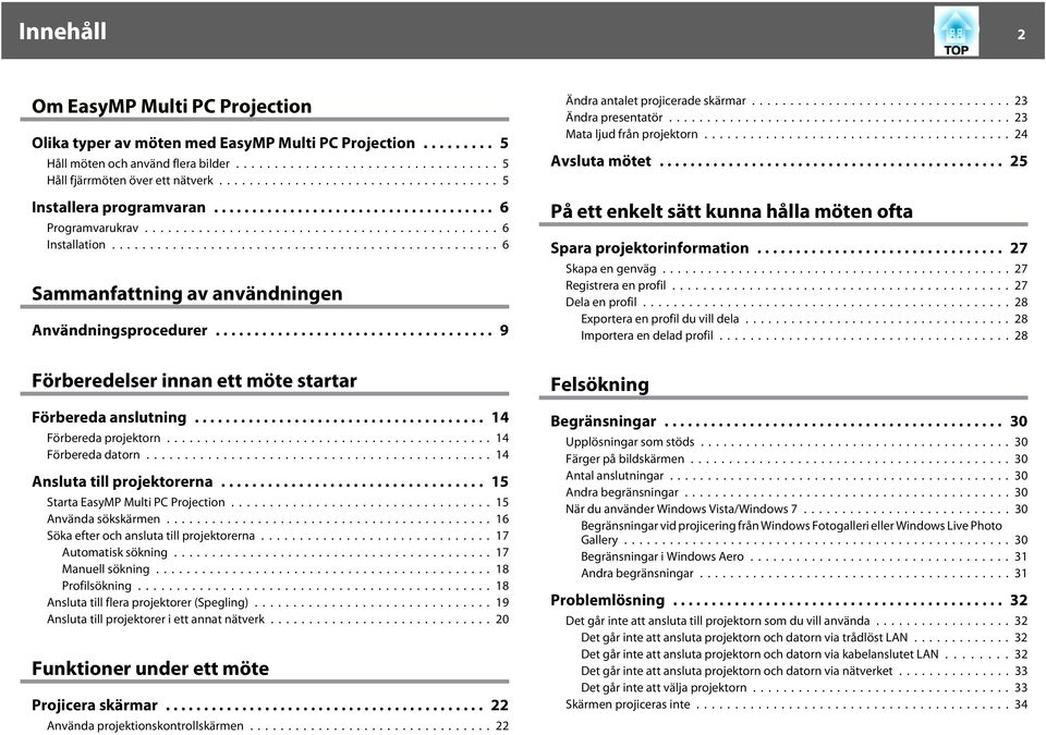 .. 25 På ett enkelt sätt kunn håll möten oft Spr projektorinformtion.... 27 Skp en genväg...27 Registrer en profil...27 Del en profil...28 Exporter en profil du vill del... 28 Importer en deld profil.