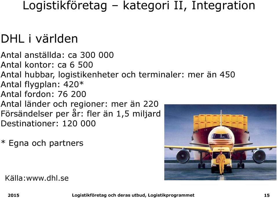 flygplan: 420* Antal fordon: 76 200 Antal länder och regioner: mer än 220 Försändelser