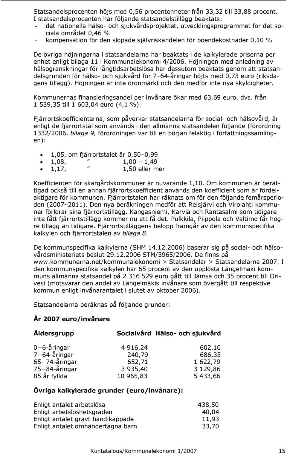 självriskandelen för boendekostnader 0,10 % De övriga höjningarna i statsandelarna har beaktats i de kalkylerade priserna per enhet enligt bilaga 11 i Kommunalekonomi 4/2006.