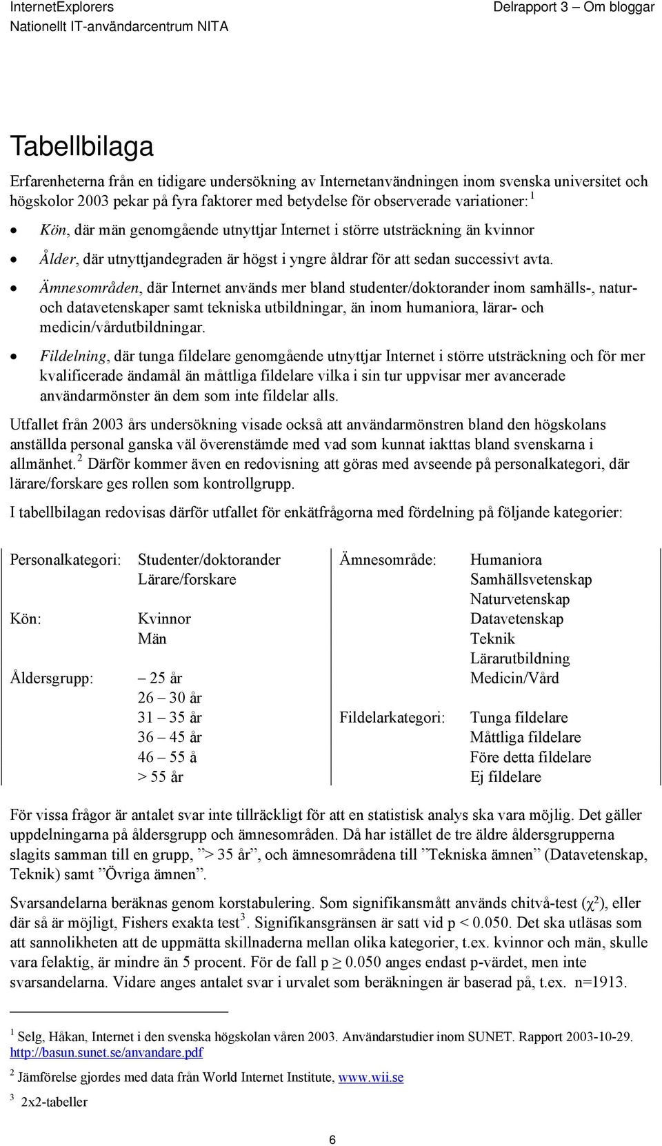 Ämnesområden, där Internet används mer bland studenter/doktorander inom samhälls-, naturoch datavetenskaper samt tekniska utbildningar, än inom humaniora, lärar- och medicin/vårdutbildningar.