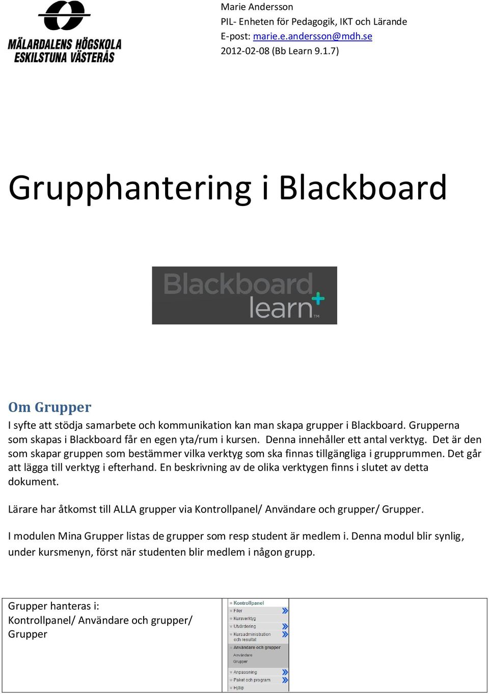 Grupperna som skapas i Blackboard får en egen yta/rum i kursen. Denna innehåller ett antal verktyg. Det är den som skapar gruppen som bestämmer vilka verktyg som ska finnas tillgängliga i grupprummen.