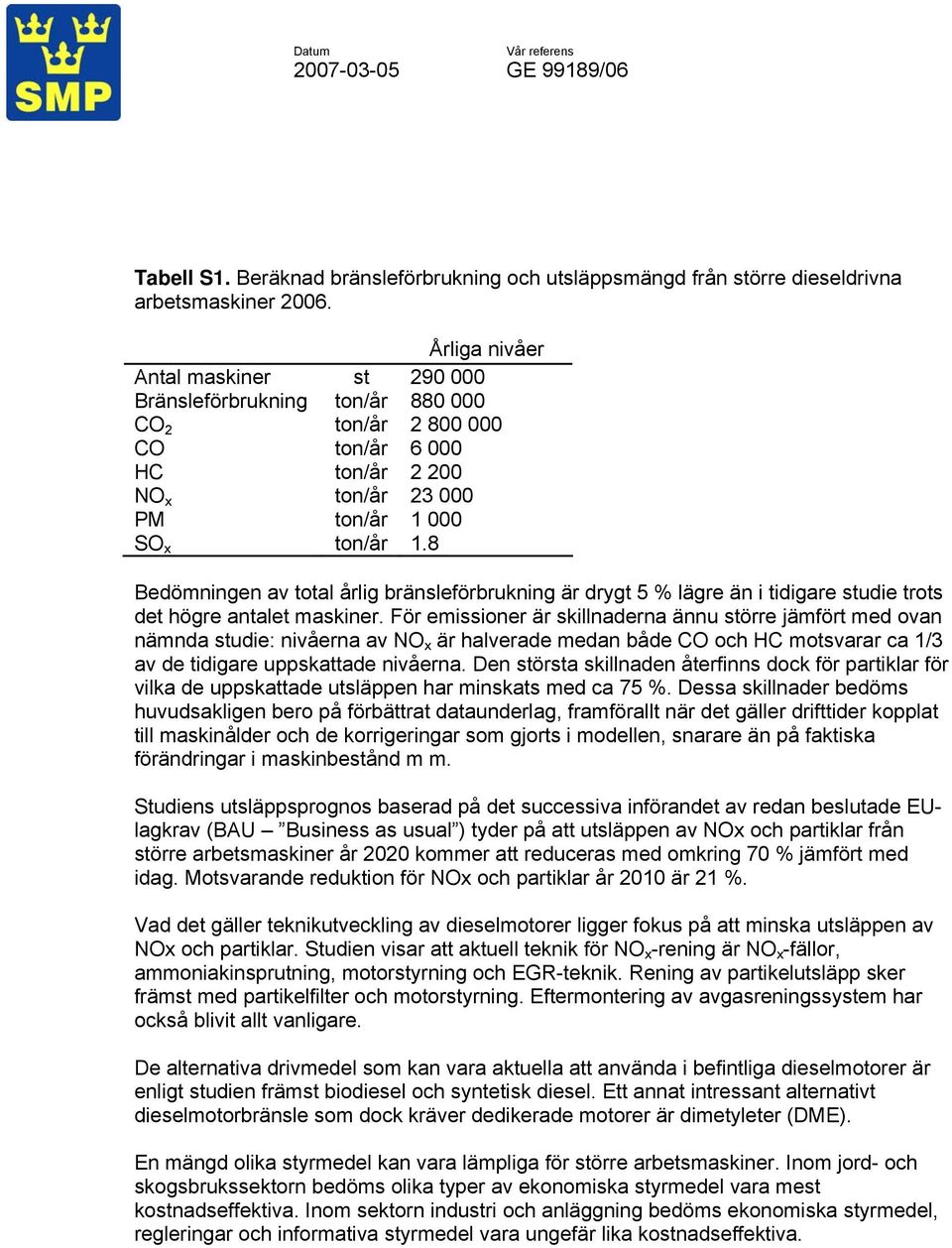 8 Bedömningen av total årlig bränsleförbrukning är drygt 5 % lägre än i tidigare studie trots det högre antalet maskiner.