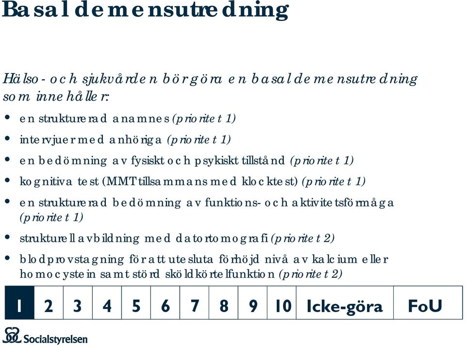 klocktest) (prioritet 1) en strukturerad bedömning av funktions- och aktivitetsförmåga (prioritet 1) strukturell avbildning med