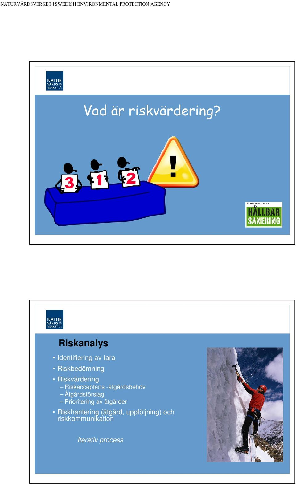 Riskvärdering Riskacceptans -åtgärdsbehov Åtgärdsförslag