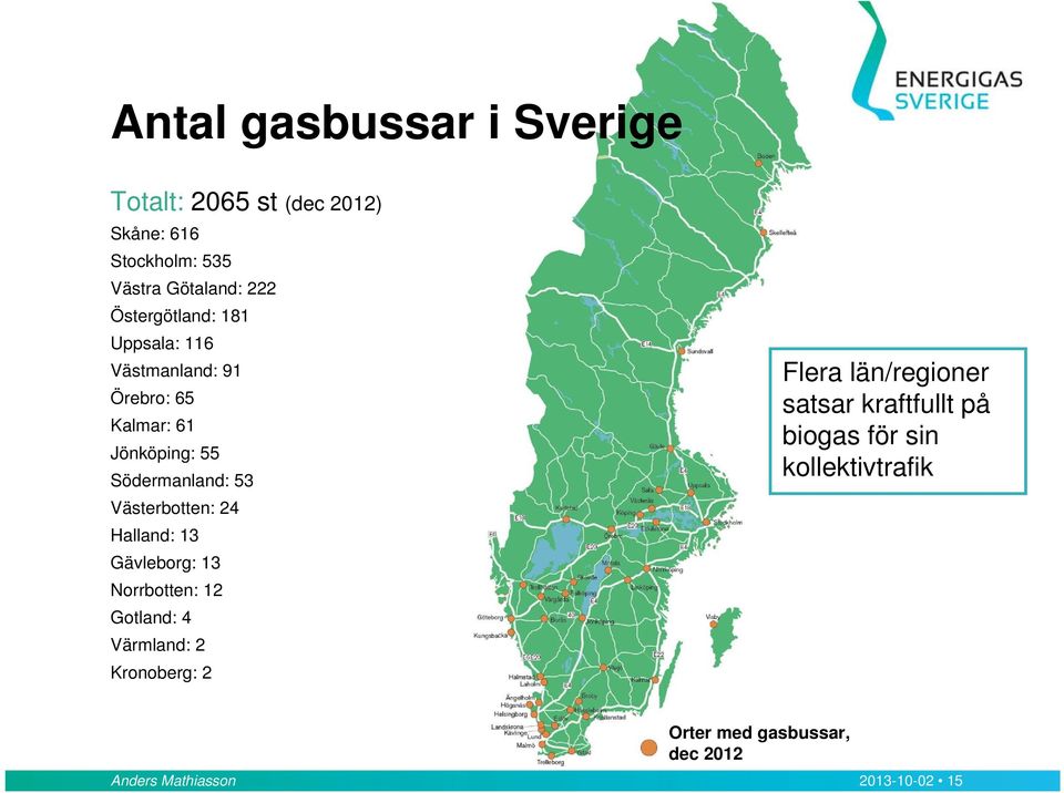 Västerbotten: 24 Halland: 13 Gävleborg: 13 Norrbotten: 12 Gotland: 4 Värmland: 2 Kronoberg: 2 Flera